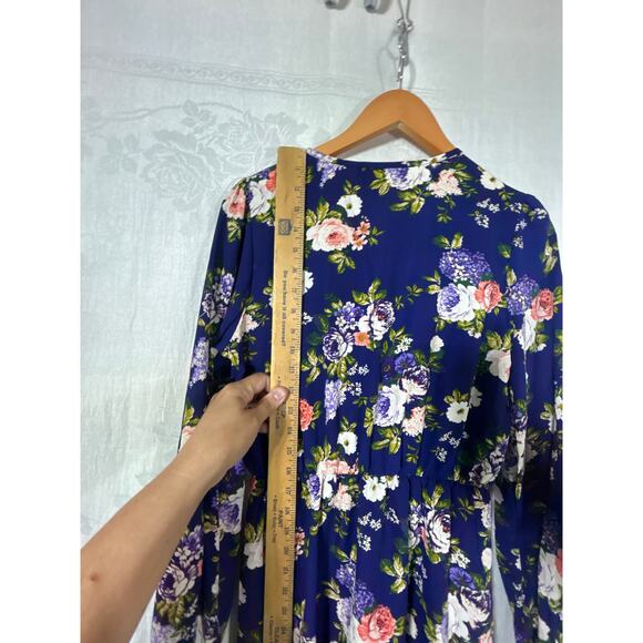 Lulus Faux Wrap Dress Medium Blue Floral NEW Long Sleeve Knee Length - Picture 11 of 12